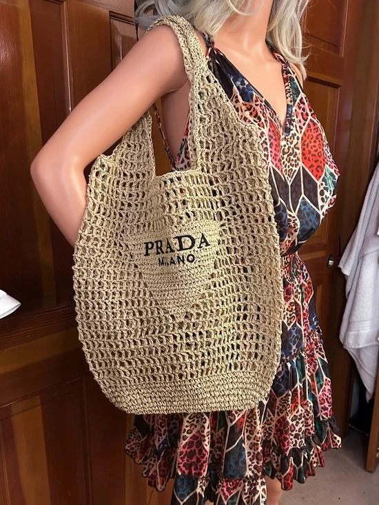 Prada Logo Cream/Black Woven Raffia Beach Bag - Picture 10 of 15